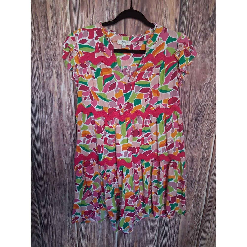 Umgee Women's XL Floral Abstract Print Tiered Mini Dress Flutter Sleeve